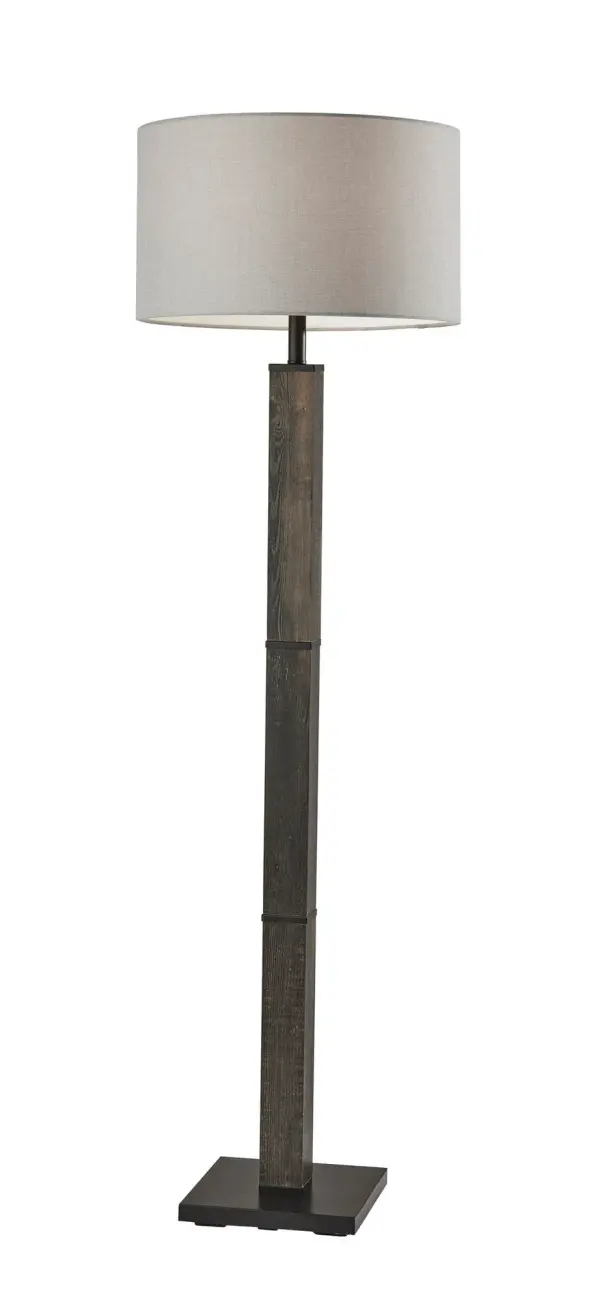 The Kona Floor Lamp blends reclaimed wood aesthetics with industrial black metal accents and a textured grey fabric shade. Standing 61 inches tall with a sturdy 2.5-inch square pole, it provides substantial presence and ambient lighting with 3-way brightness control.