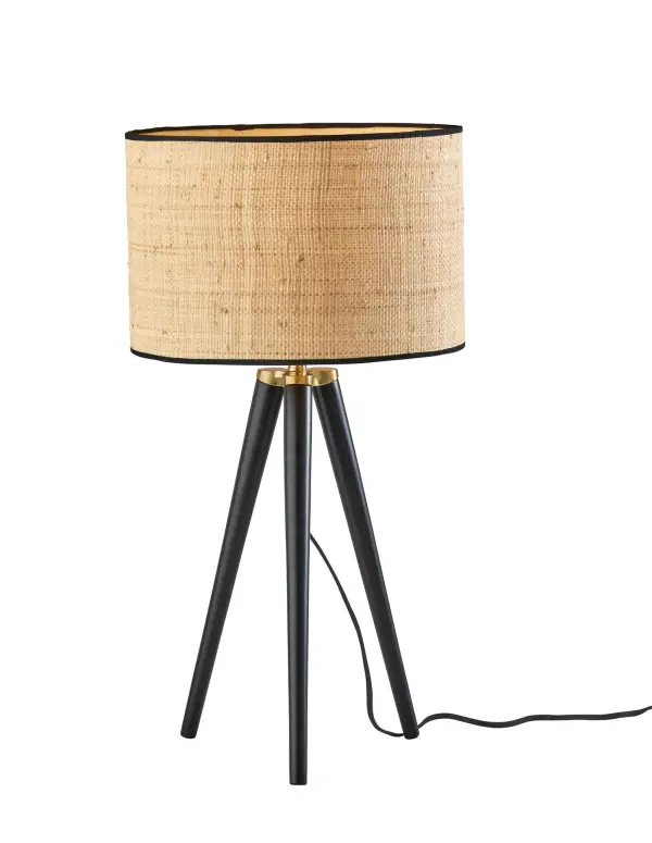 Contemporary Tripod Lamp with Natural Rattan Shade and Brass Accents