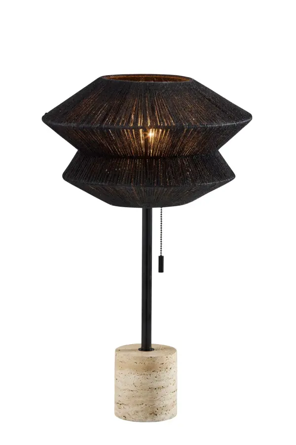 The Gardner Table Lamp combines contemporary black finishes with organic travertine stone for a striking accent piece. Its unique origami-shaped rope shade creates geometric visual interest while the chunky stone base adds natural texture and stability.
