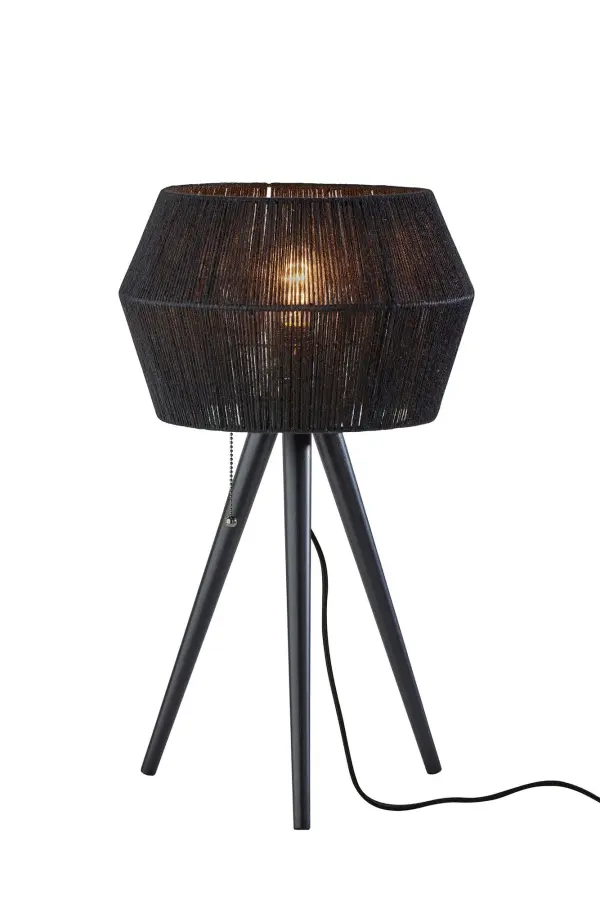 The Montana Table Lamp combines rustic black wood tripod base with contemporary rope geometric shade for a unique textural statement. At 24.25" tall, it's perfectly sized for bedside tables and desks, offering easy pull-chain control.