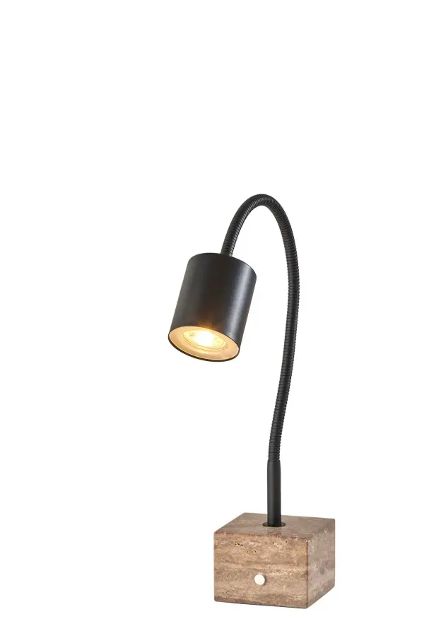 The Rutherford LED Desk Lamp combines contemporary design with natural elegance through its travertine stone cube base and adjustable gooseneck arm. Energy-efficient LED technology and 3-level touch dimming provide customizable task lighting.