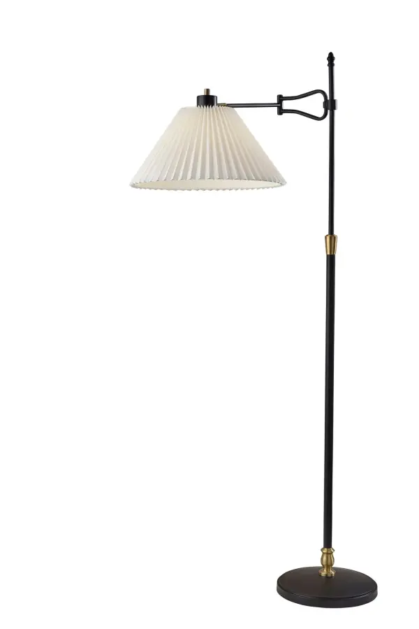 The Elijah Floor Lamp combines modern functionality with timeless elegance. Its black finish with antique brass accents creates a sophisticated look, while the swing arm adjustability provides directed task lighting. Perfect for reading nooks and workspaces.