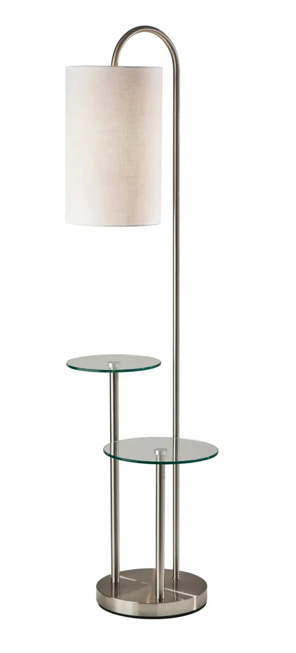 The Leonard combines lighting and storage in a sleek, modern design. Two glass shelves provide display space while the 3-way switch offers lighting flexibility. Perfect for small spaces needing both illumination and surface area.