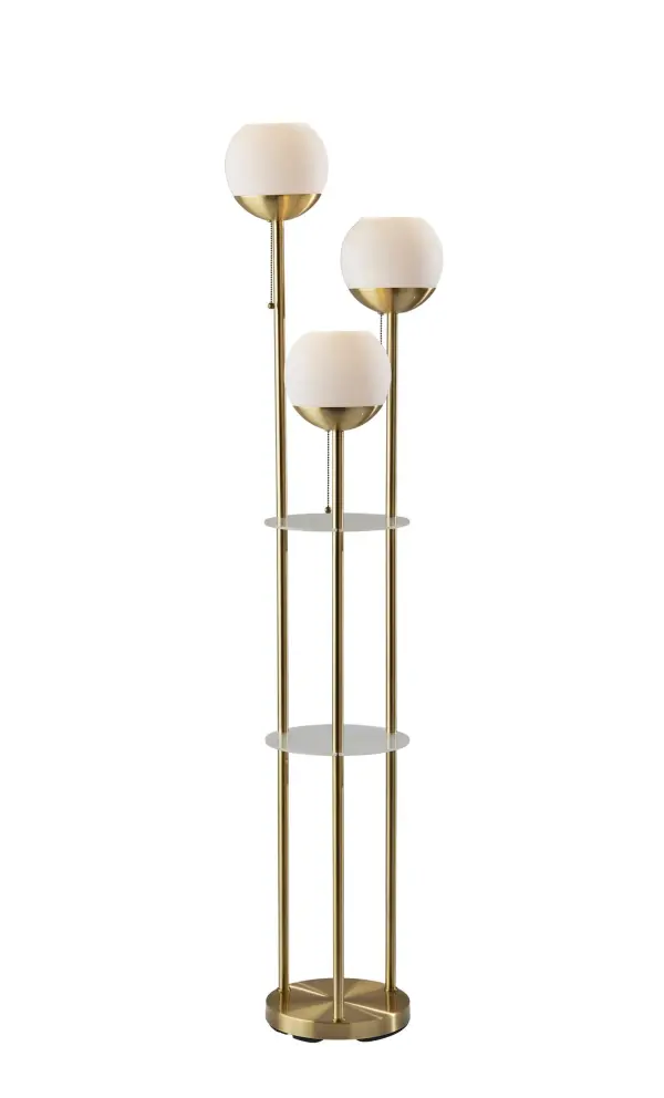 The Bianca combines mid-century modern aesthetics with practical functionality, featuring three independently controlled globe lights and two display shelves. Perfect for corner placement or beside furniture.