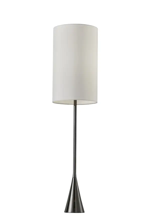 The Bella table lamp makes a bold statement with its 36.5" height and striking contrast between the white cylindrical shade and black nickel finish. The weighted bell-shaped base provides stability while the touch sensor switch offers modern convenience.