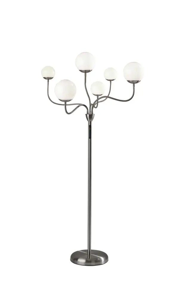 The Phoebe LED floor lamp combines contemporary style with innovative color-changing technology. Six adjustable gooseneck arms with globe shades offer customizable positioning and full-spectrum LED lighting with touch dimming.