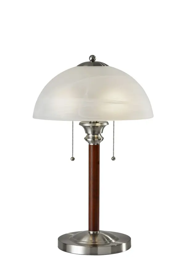 The Lexington blends traditional warmth with modern sophistication through its dark walnut wood body and brushed steel accents. The frosted glass dome shade provides soft, diffused lighting while dual pull chains offer flexible brightness control.