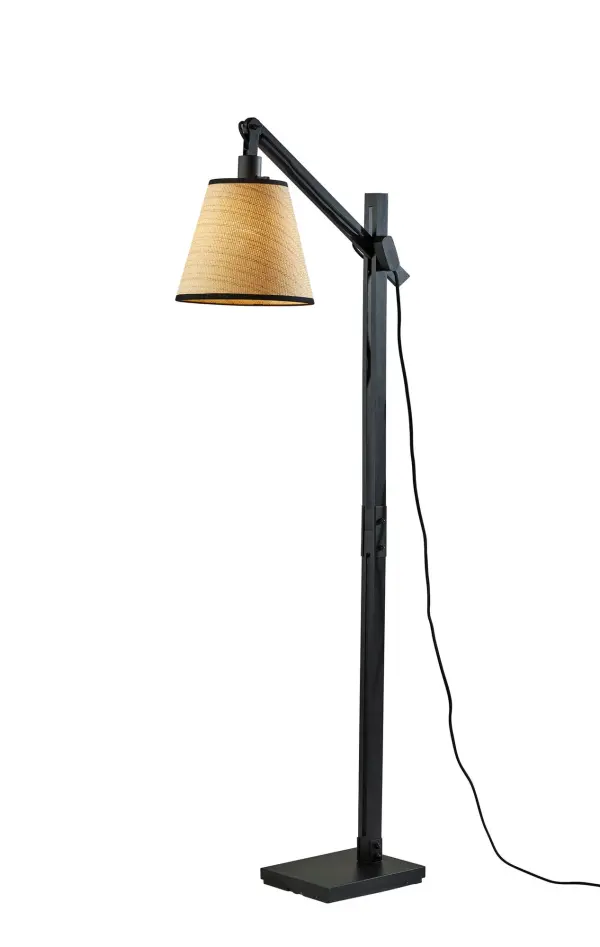 Adjustable Industrial Floor Lamp with Natural Woven Shade