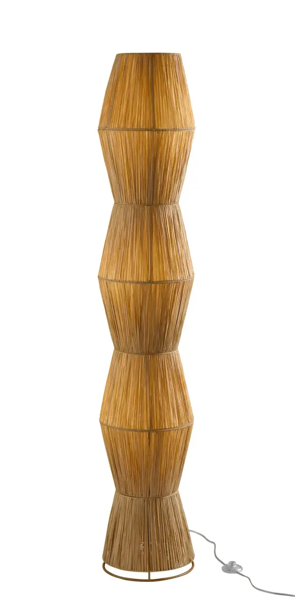 The Renata Floor Lantern combines natural paper raffia shades with a sleek black metal base to create a sophisticated coastal-contemporary statement piece. Seven individual lantern shades provide warm, diffused ambient lighting.