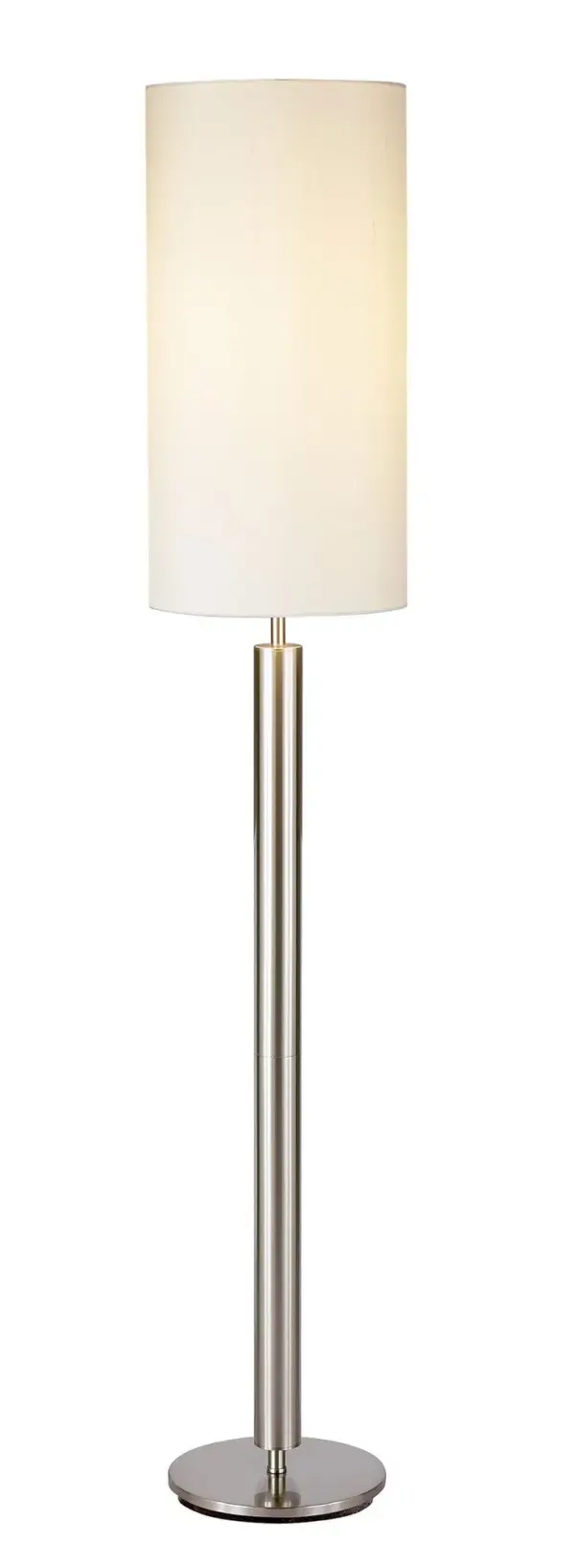 The Hollywood floor lamp combines modern sophistication with practical functionality. Its chunky brushed steel pole and ivory silk shade create a striking presence perfect for contemporary bedrooms and living spaces.