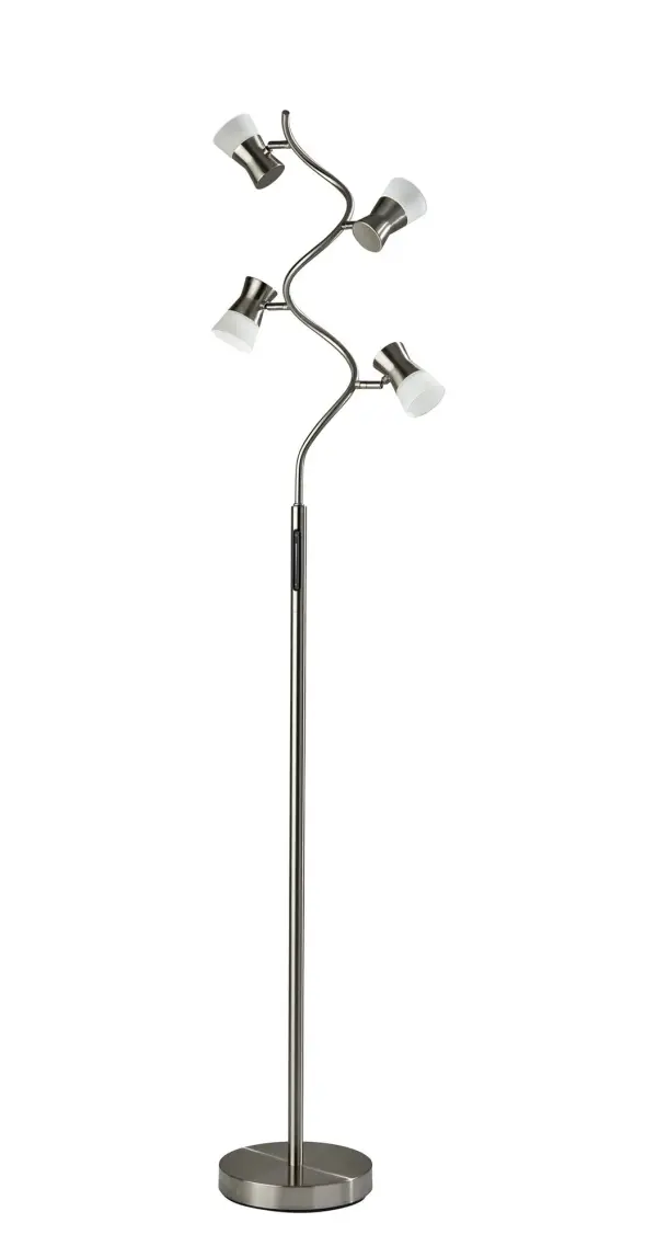 The Cyrus LED floor lamp combines artistic design with advanced functionality. Its gracefully twisting silhouette features four offset LED fixtures delivering 800 lumens, while the smart touch switch offers full dimming and five color temperatures from warm to crisp.