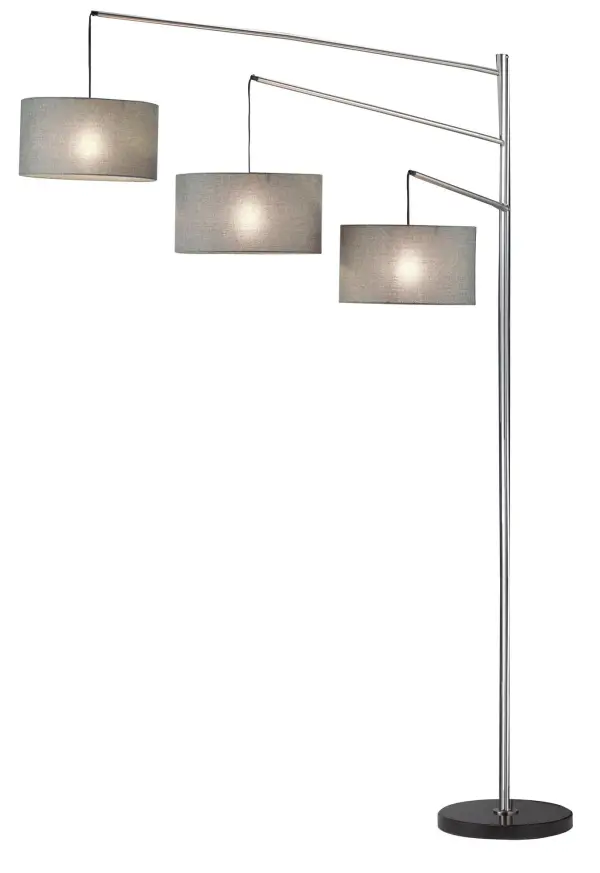 The Wellington Arc Lamp makes a bold statement with its nearly 8-foot height and four independently adjustable arms. Charcoal gray tweed drum shades and brushed steel finish create contemporary sophistication, while the black marble base ensures stability. Perfect for large spaces needing flexible, dramatic lighting.