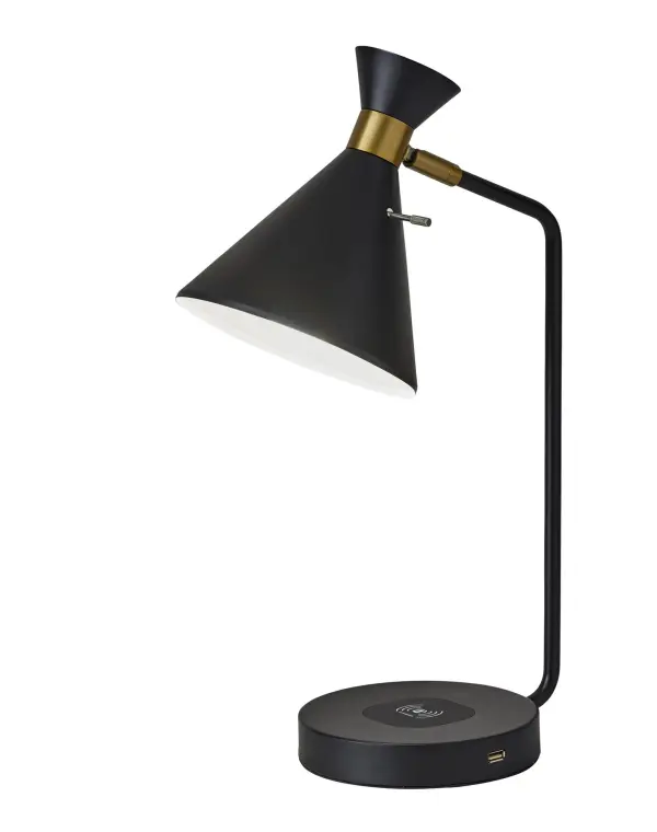 The Maxine combines retro-modern styling with cutting-edge Qi wireless charging technology. Features adjustable shade, dual charging capabilities (wireless pad + USB port), and sleek matte black finish with brass accents.