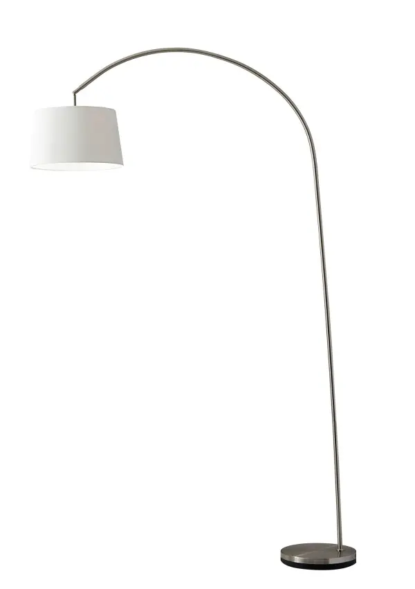 The Goliath arc lamp makes a bold statement with its nearly 7-foot height and sweeping arc design. Featuring brushed steel construction and a natural linen shade, it delivers both style and function with adjustable positioning.