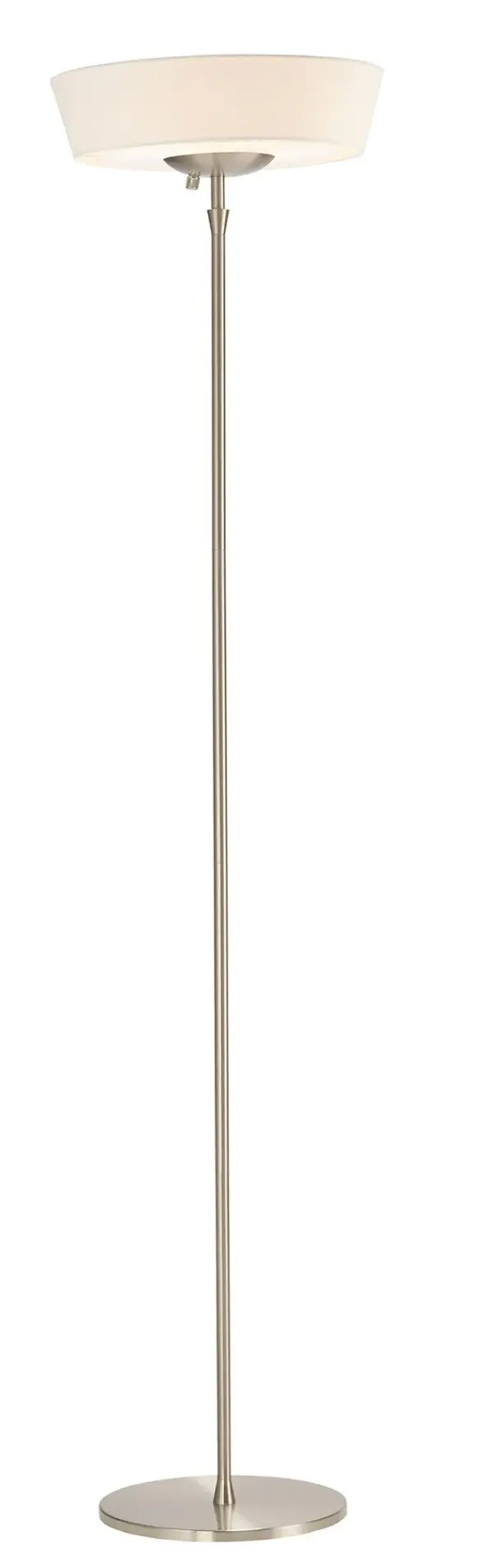 The Harper floor lamp combines contemporary minimalism with exceptional brightness through its patented 300W double socket design. The brushed steel pole and white linen shade create a clean aesthetic while delivering up to 3x more light than standard torchieres.