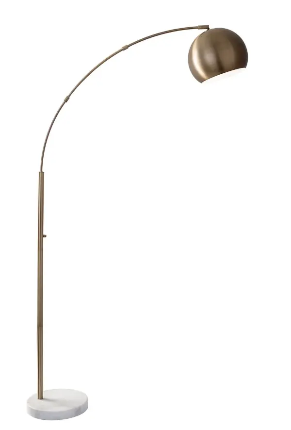 The Astoria Arc Lamp combines classic design with modern functionality. Its arched silhouette and antique brass finish bring sophisticated style, while the white marble base provides stability and visual weight. The adjustable dome shade and rotary dimmer offer versatile lighting control for any space.