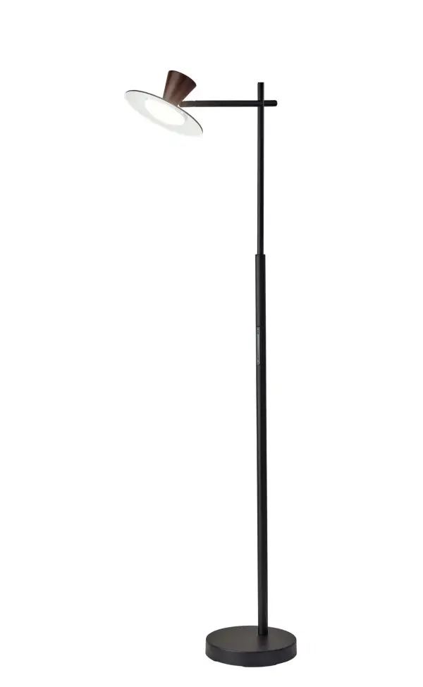 The Elmore LED floor lamp combines contemporary design with advanced functionality. Featuring an integrated 8W LED, full-range dimmer, and 5 color temperature settings (2700K-5000K), it adapts to any task or time of day. The adjustable shade and walnut wood accent add warmth to the sleek black metal construction.