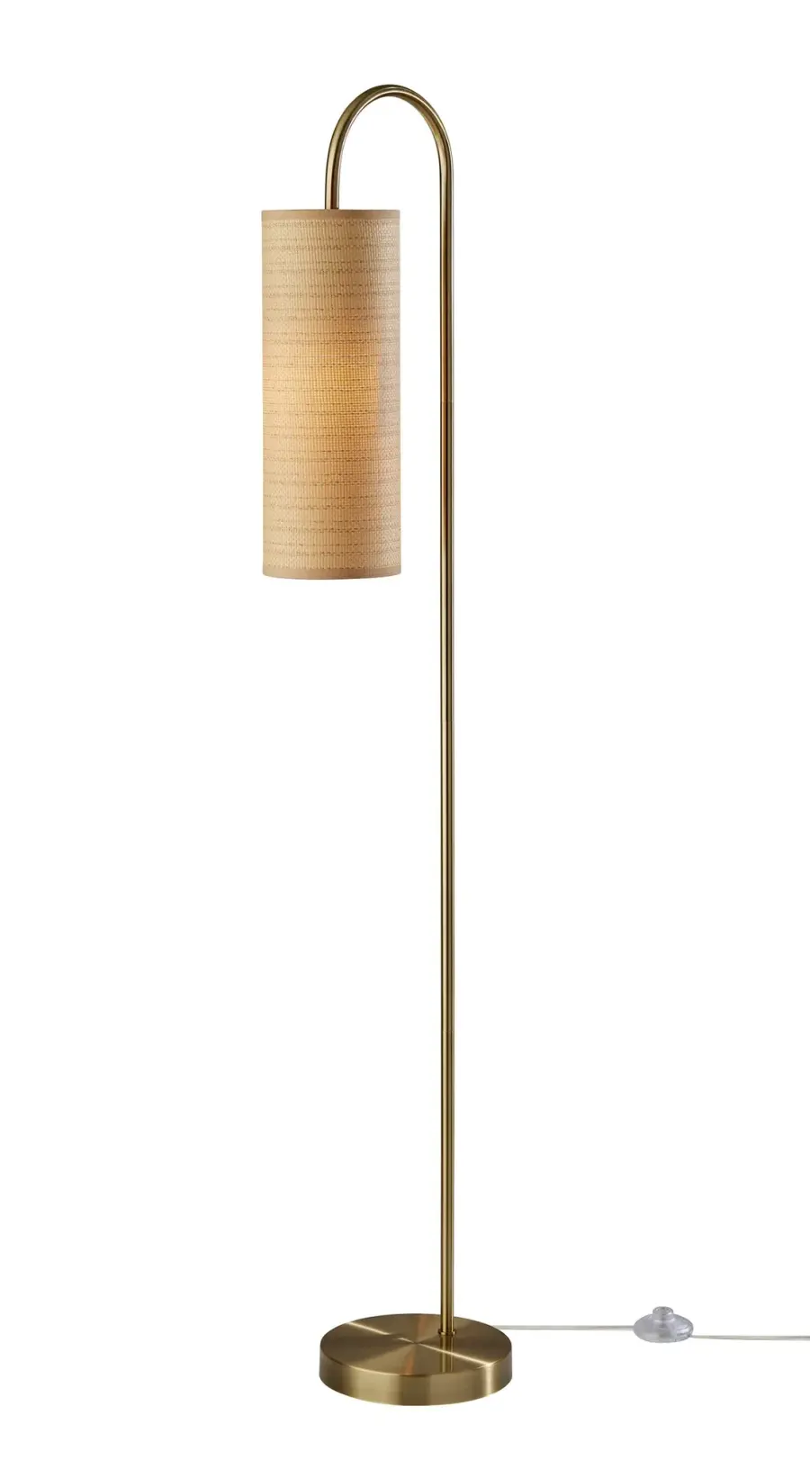 Elegant Arc Floor Lamp with Natural Woven Shade and Brass Finish