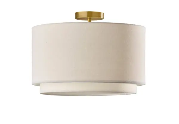 Add warmth and timeless style to your space with the Finley flush mount ceiling light. With a height of only 13.5", this is the perfect lighting solution for rooms with lower ceiling heights. A round 5" diameter base crafted of brass metal. Complete your decor with the coordinating Finley desk lamp, floor lamp, arc floor lamp, wall lamp, and pendant light. Collection: Finley Finish: Antique Brass Glass: White Fabric Width: 20.00" Height: 13.50" Length: 20.00" Weight: 8.00 lb Extension from Wall: 20.00" Maximum Wattage: 100.00 W Bulb Base: E26 Light Source: Incandescant Material: shade: 57.8% electric: 4.2% metal: 9.1% package: 28.9% Country of Origin: China Safety Listing: ETL Connection: Hardwired Instructions