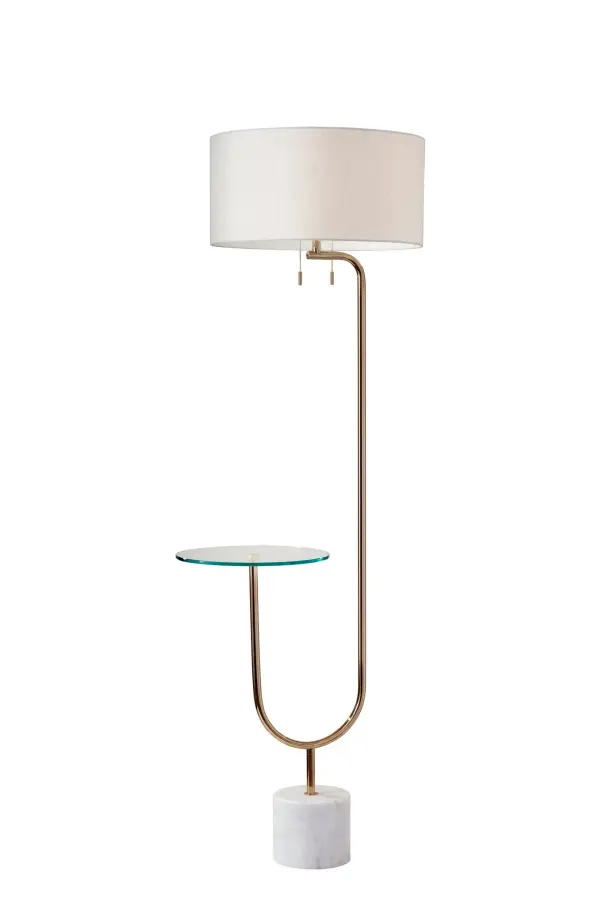 The Sloan combines sophisticated style with practical functionality, featuring a polished nickel frame, white marble base, and convenient glass shelf. Perfect for spaces where you need both lighting and surface area.