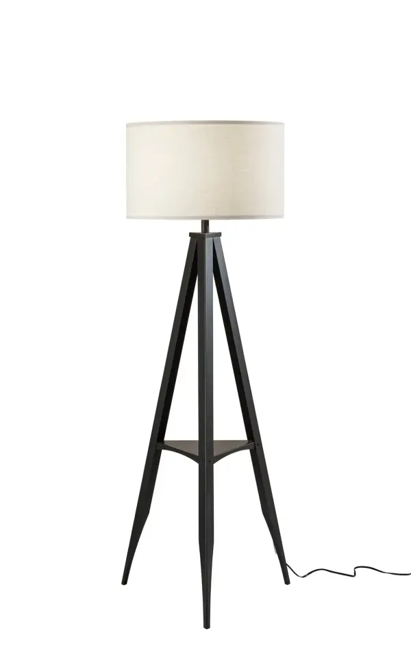 The Warren combines contemporary tripod design with practical functionality, featuring a 14-inch triangular shelf for display and storage. Its clean-lined black metal frame and off-white linen drum shade create warm, diffused lighting perfect for living spaces and corners.