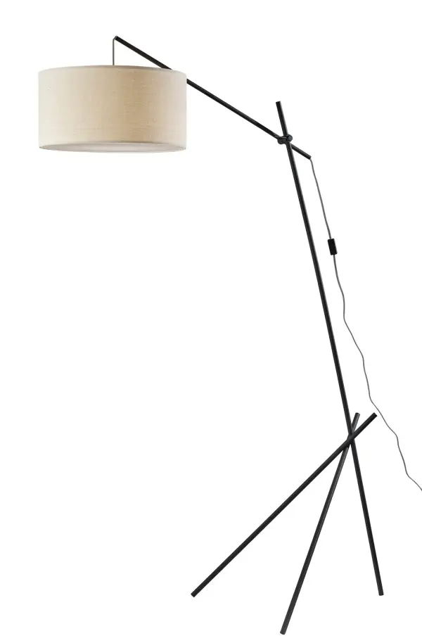 The Varick Arc Lamp combines striking mid-century modern aesthetics with functional versatility. Its adjustable boom arm and triangular base create a dramatic silhouette, while the beige linen shade with diffuser provides soft, even lighting perfect for living spaces.