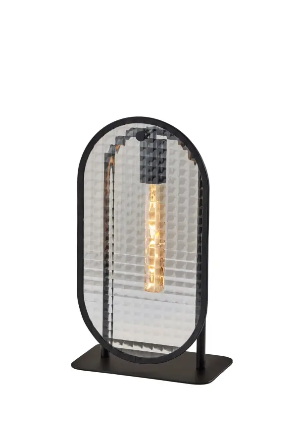 The Landon Table Lantern brings elegant modern style with its clean silhouette, patterned glass shade, and black metal frame. At 16.4" tall, it's perfectly sized for accent tables and desks, creating ambient lighting with a unique hologram glass pattern.