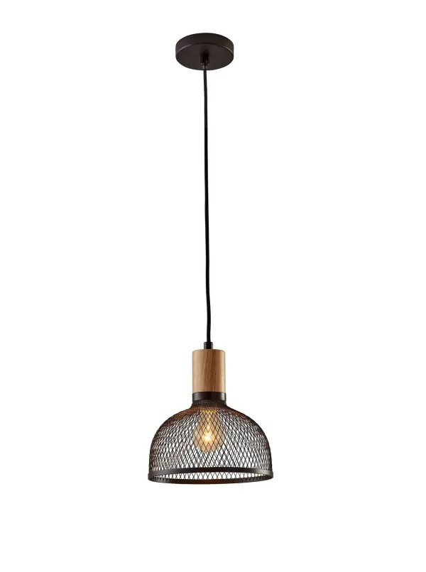 The Dale Small Pendant combines dramatic black metal mesh with warm natural rubber wood accents for a modern industrial look. Its compact 9.5-inch diameter makes it perfect for kitchen islands, dining nooks, or clustered installations.