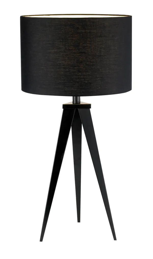 The Director table lamp brings modern sophistication with its angular black metal tripod base and drum shade. Features a 3-way rotary switch for adjustable lighting and smart outlet compatibility for modern convenience.