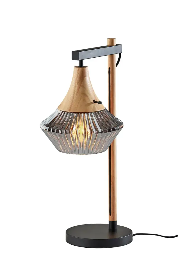 Elegant Contemporary Table Lamp with Smoked Glass and Natural Wood