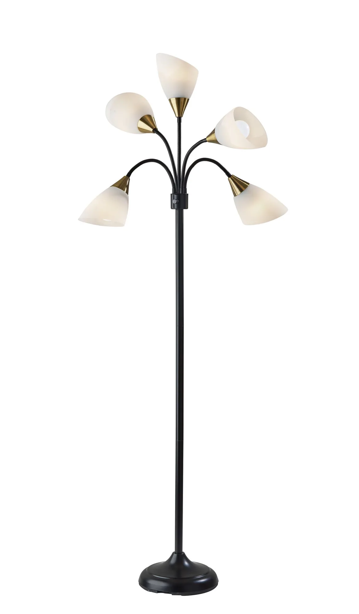 5 Light Adjustable Floor Lamp in Black with Antique Brass Accents