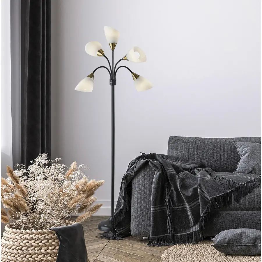 5 Light Adjustable Floor Lamp in Black with Antique Brass Accents - Image 2
