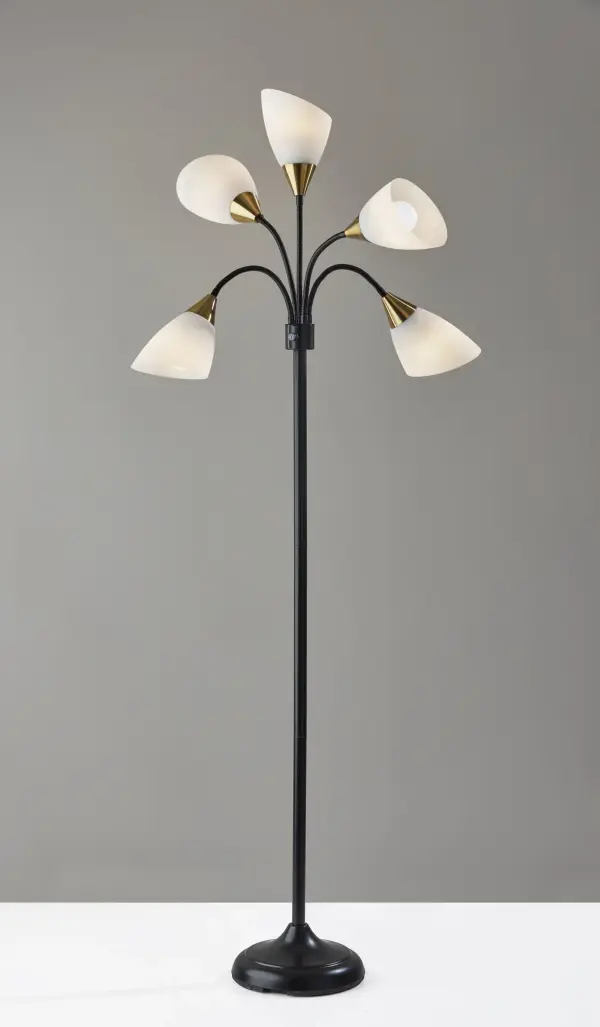 5 Light Adjustable Floor Lamp in Black with Antique Brass Accents - Image 3