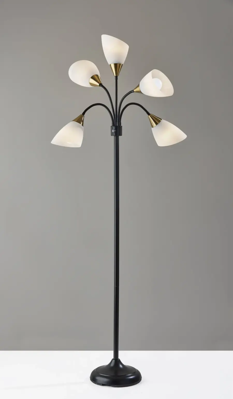 5 Light Adjustable Floor Lamp in Black with Antique Brass Accents - Image 3