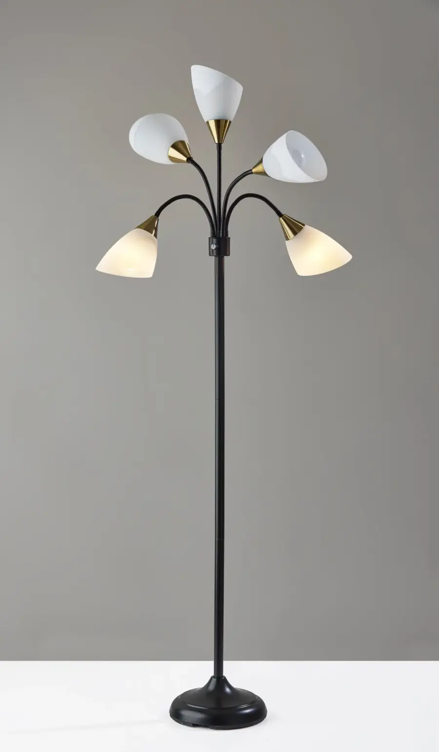5 Light Adjustable Floor Lamp in Black with Antique Brass Accents - Image 4
