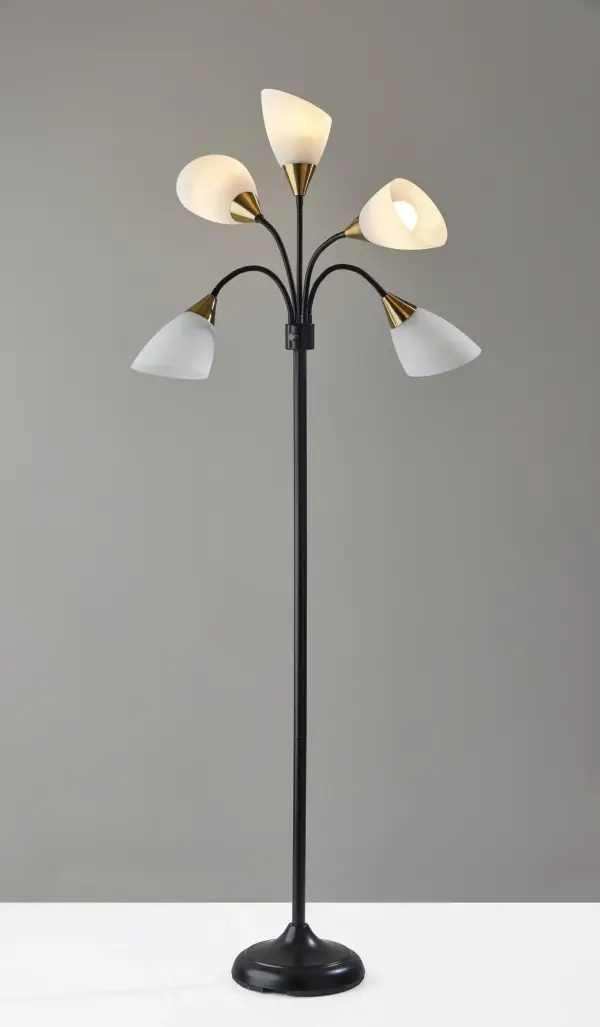 5 Light Adjustable Floor Lamp in Black with Antique Brass Accents - Image 5