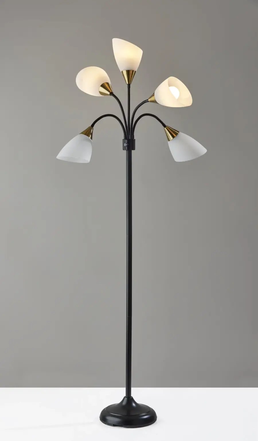 5 Light Adjustable Floor Lamp in Black with Antique Brass Accents - Image 5