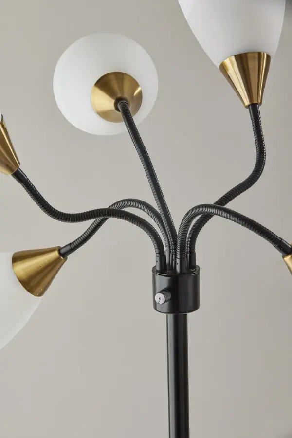 5 Light Adjustable Floor Lamp in Black with Antique Brass Accents - Image 6
