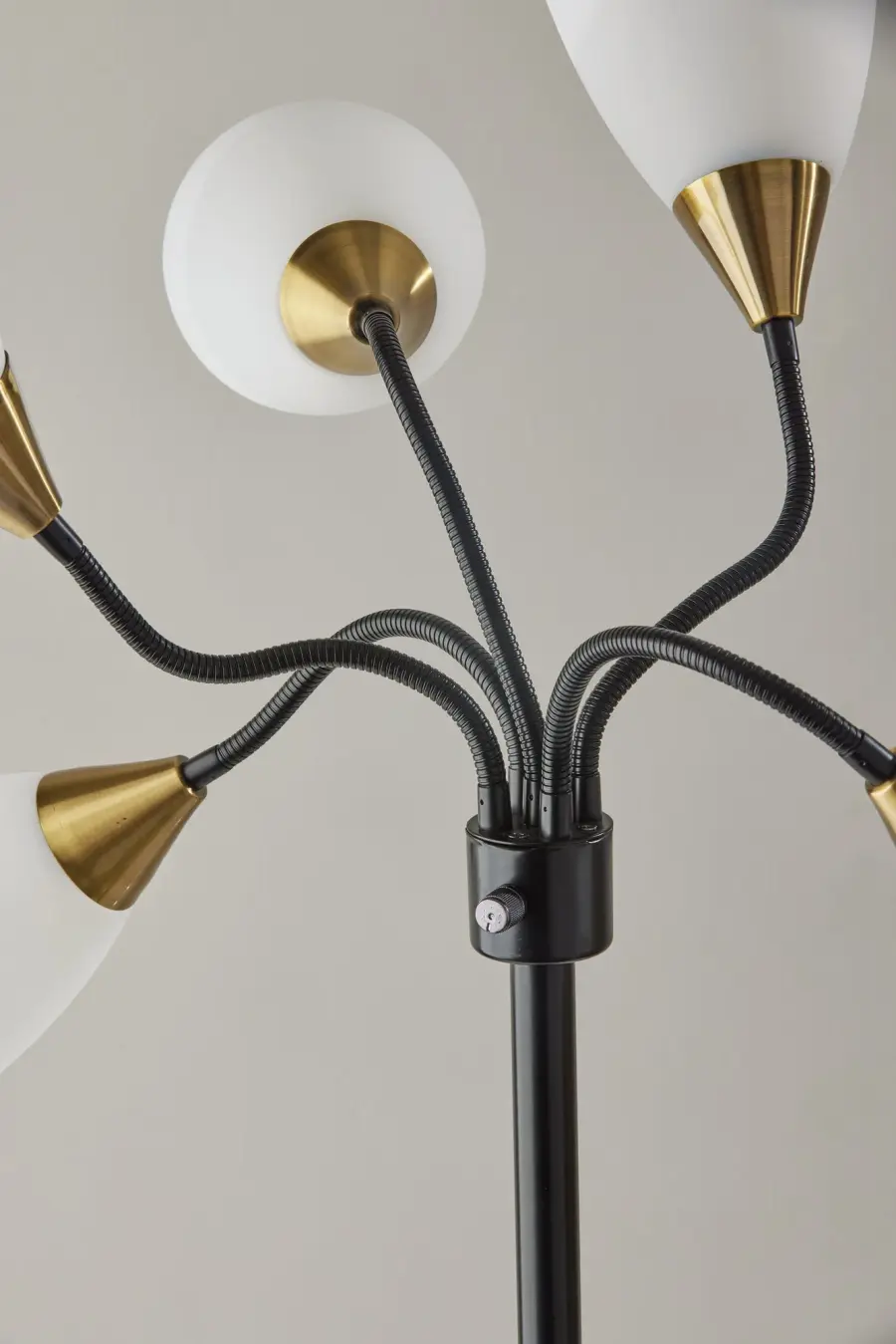 5 Light Adjustable Floor Lamp in Black with Antique Brass Accents - Image 6