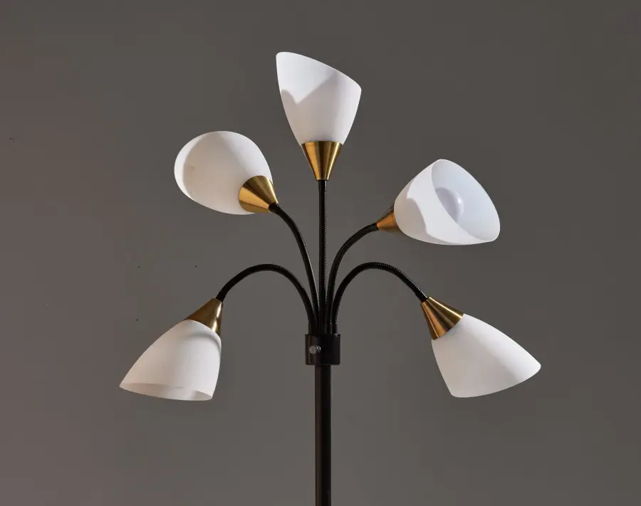 5 Light Adjustable Floor Lamp in Black with Antique Brass Accents - Image 8