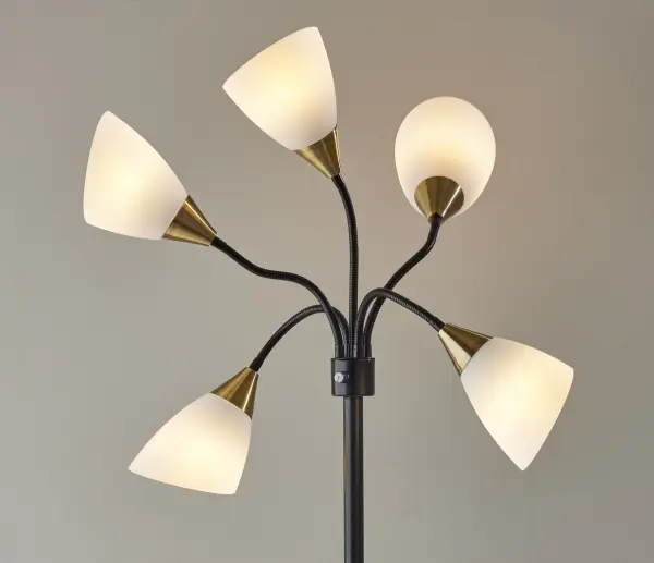 5 Light Adjustable Floor Lamp in Black with Antique Brass Accents - Image 9