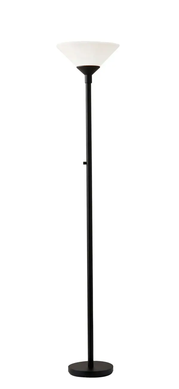 The Aries floor lamp delivers exceptional room-wide illumination through its patented 300W double socket system, providing 3x more light than standard torchieres. Its minimalist matte black finish and slim profile make it ideal for modern spaces.