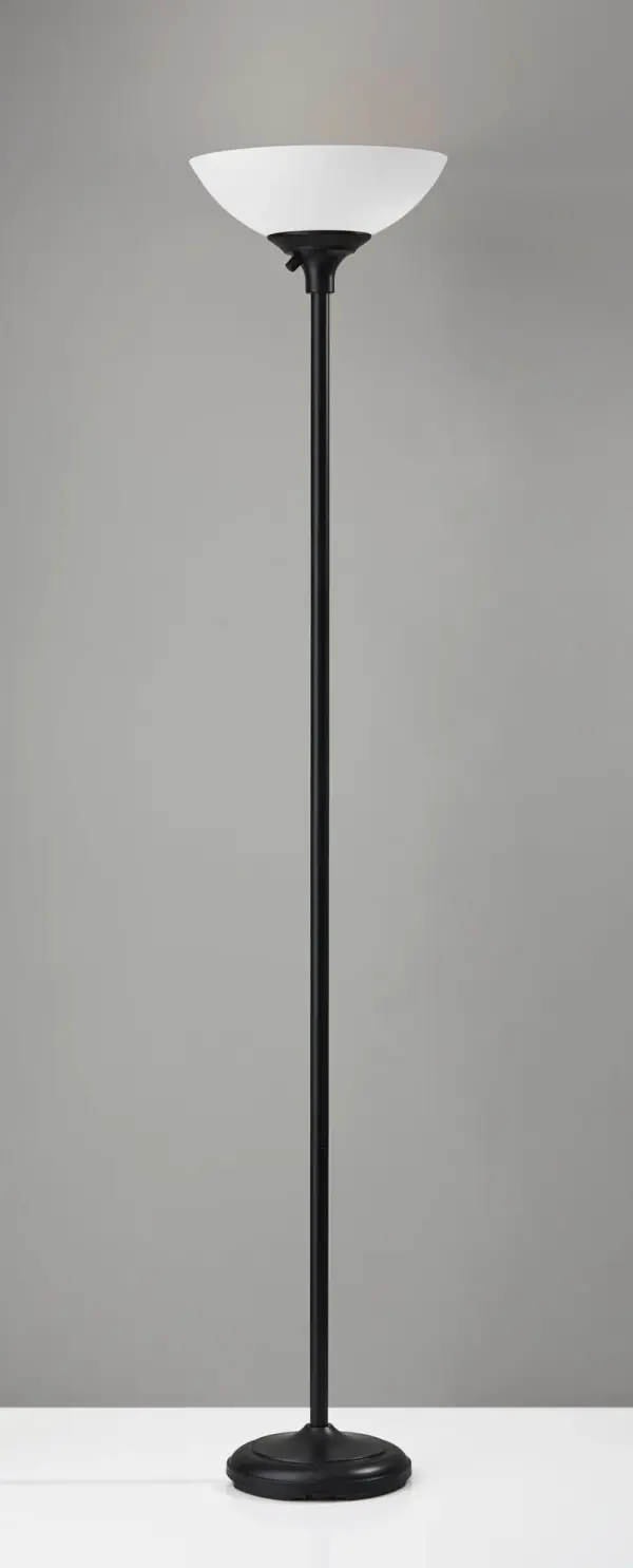 The Glenn Floor Lamp delivers exceptional illumination with its patented 300W double socket system, providing 3x more light than standard torchieres. The matte black finish and frosted shade create a contemporary look that fits seamlessly into modern spaces. - alternate view