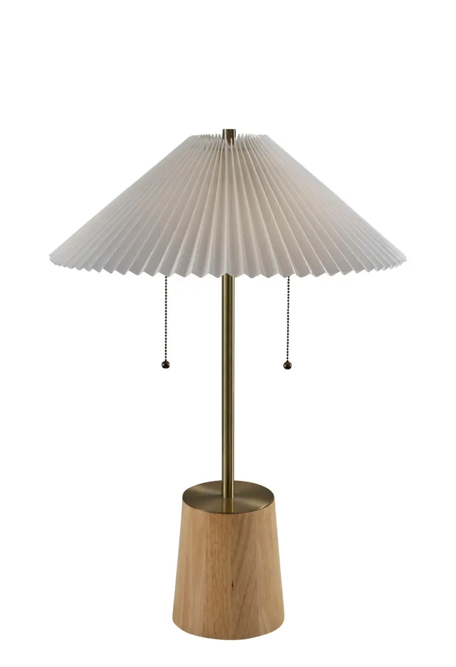 Elegant Transitional Table Lamp with Natural Wood & Brass Accents - Image 1