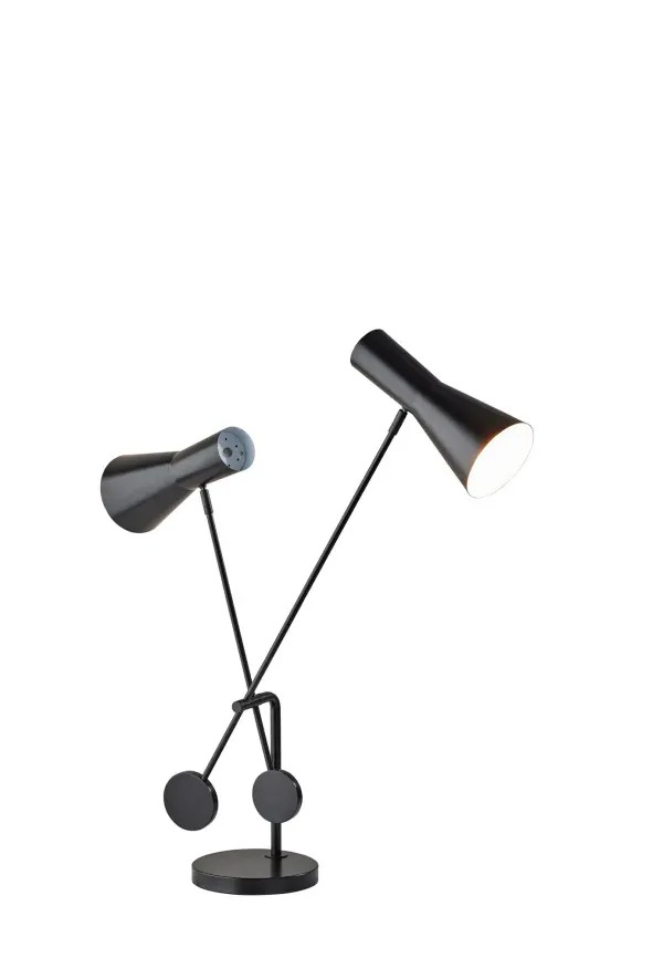 The Bond desk lamp combines artistic industrial design with exceptional functionality. Featuring two adjustable cone shades on articulating stems, this versatile lamp provides customizable task lighting for any workspace while offering convenient USB charging.