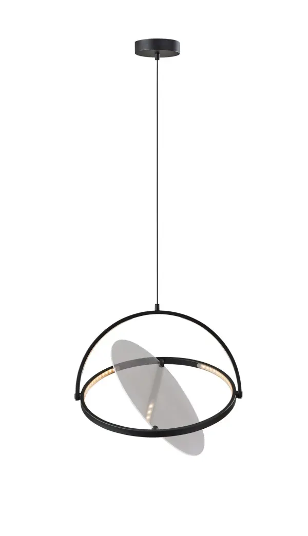 The Orsa LED pendant combines artistic design with practical functionality. Its unique rotating and tilting 17-inch metal disc frame creates customizable lighting effects, while the integrated 1,000-lumen LED provides energy-efficient illumination through a frosted diffuser.