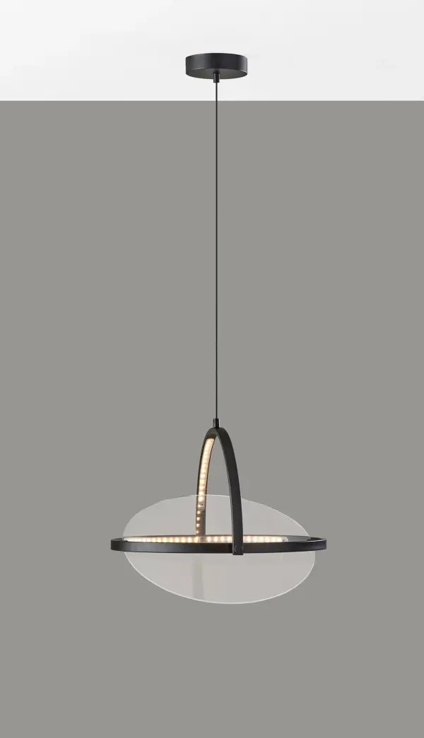 The Orsa LED pendant combines artistic design with practical functionality. Its unique rotating and tilting 17-inch metal disc frame creates customizable lighting effects, while the integrated 1,000-lumen LED provides energy-efficient illumination through a frosted diffuser. - alternate view