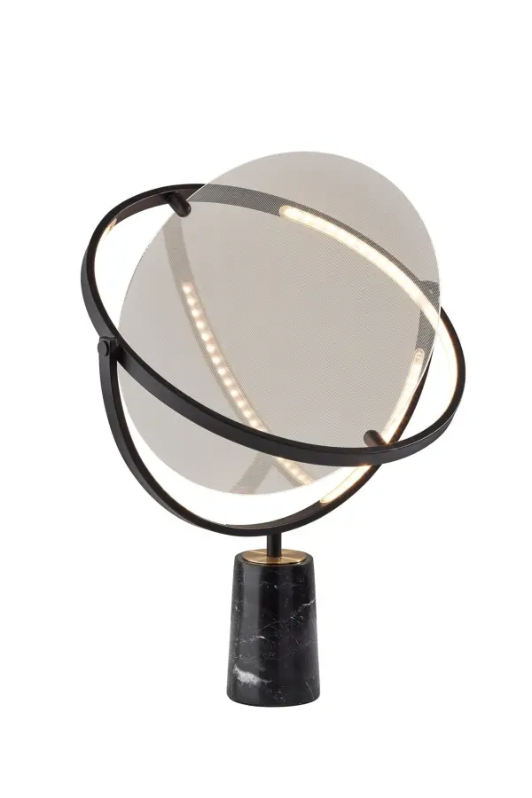 The Orsa LED table lamp combines artistic design with practical functionality. Its rotating 17" disc-shaped LED frame and luxurious black marble base create a striking statement piece that delivers 1,000 lumens of adjustable lighting.