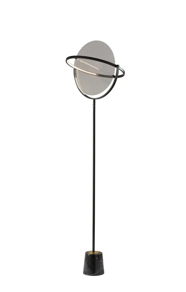 The Orsa LED floor lamp combines artistic design with functional lighting. Its rotating 19.5" disc-shaped LED frame and luxurious marble base create a dramatic statement piece with adjustable illumination for any space.