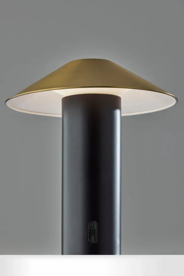 The Pina LED Cordless Table Lamp combines contemporary design with practical portability. Featuring a sleek black finish with antique brass accents and 4-way touch dimming, this rechargeable lamp delivers 240 lumens of LED light wherever you need it. - alternate view